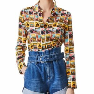Alice + Olivia Willa Wanderlust Blouse Top Western Postcard Travel Print L